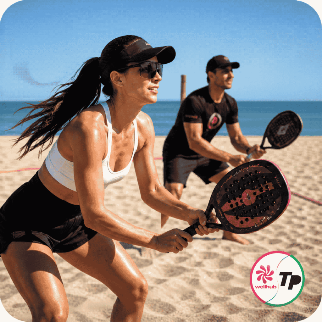 Dupla mista na expectativa de receber saque numa partida no CT Performance beach tennis Itaipuaçu.